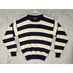 Vintage 80s 90s Reed St James Sweater L Blue Cream Stripe Preppy Heritage Knit